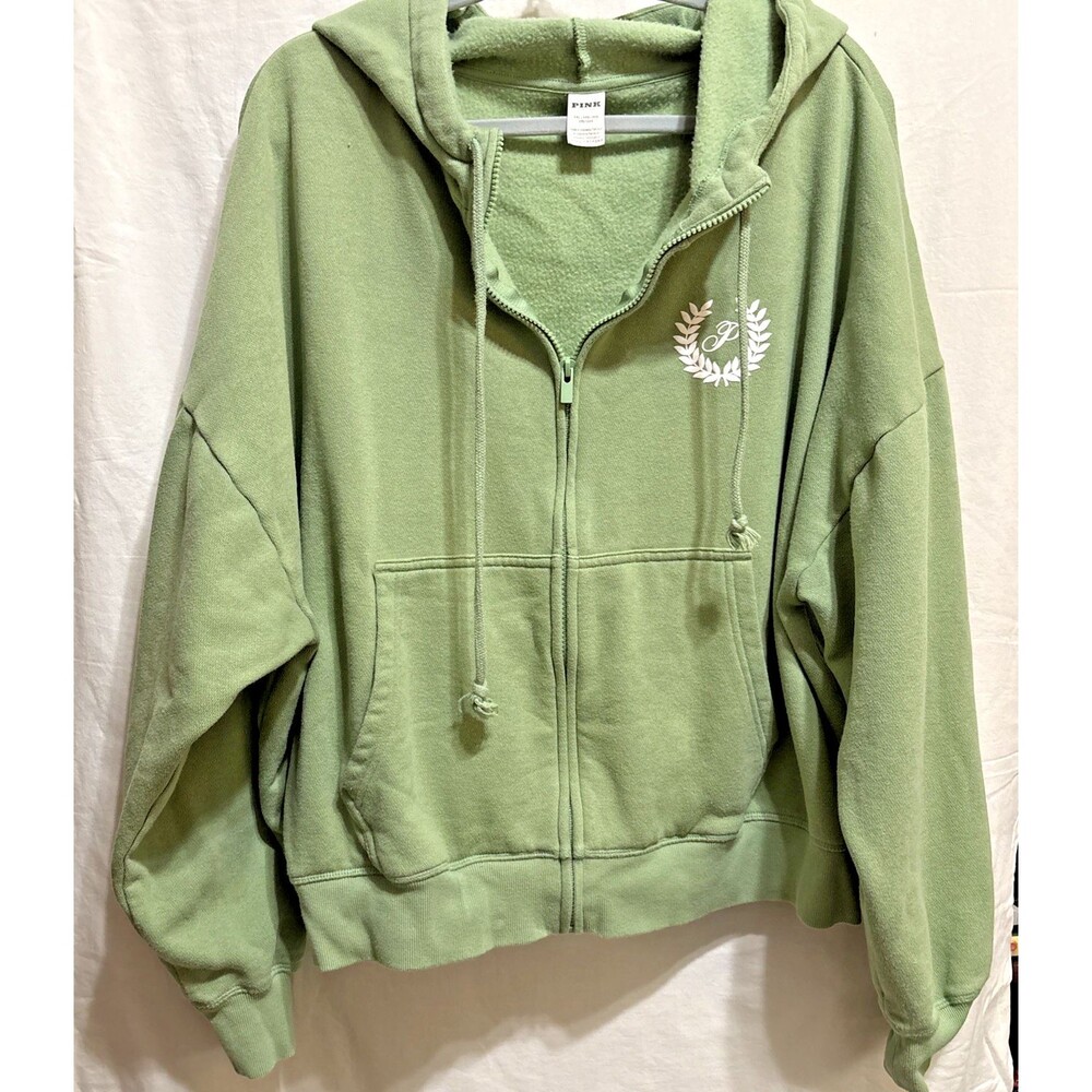 Victoria’s Secret PINK Womens XXL Green Full Zip Hoodie Laurel Crest Logo